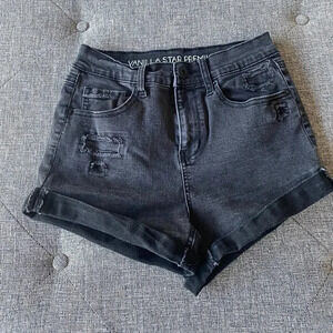 Vanilla Star Womens Jean Shorts Black Cut Off Distressed Stretch Denim Juniors 7